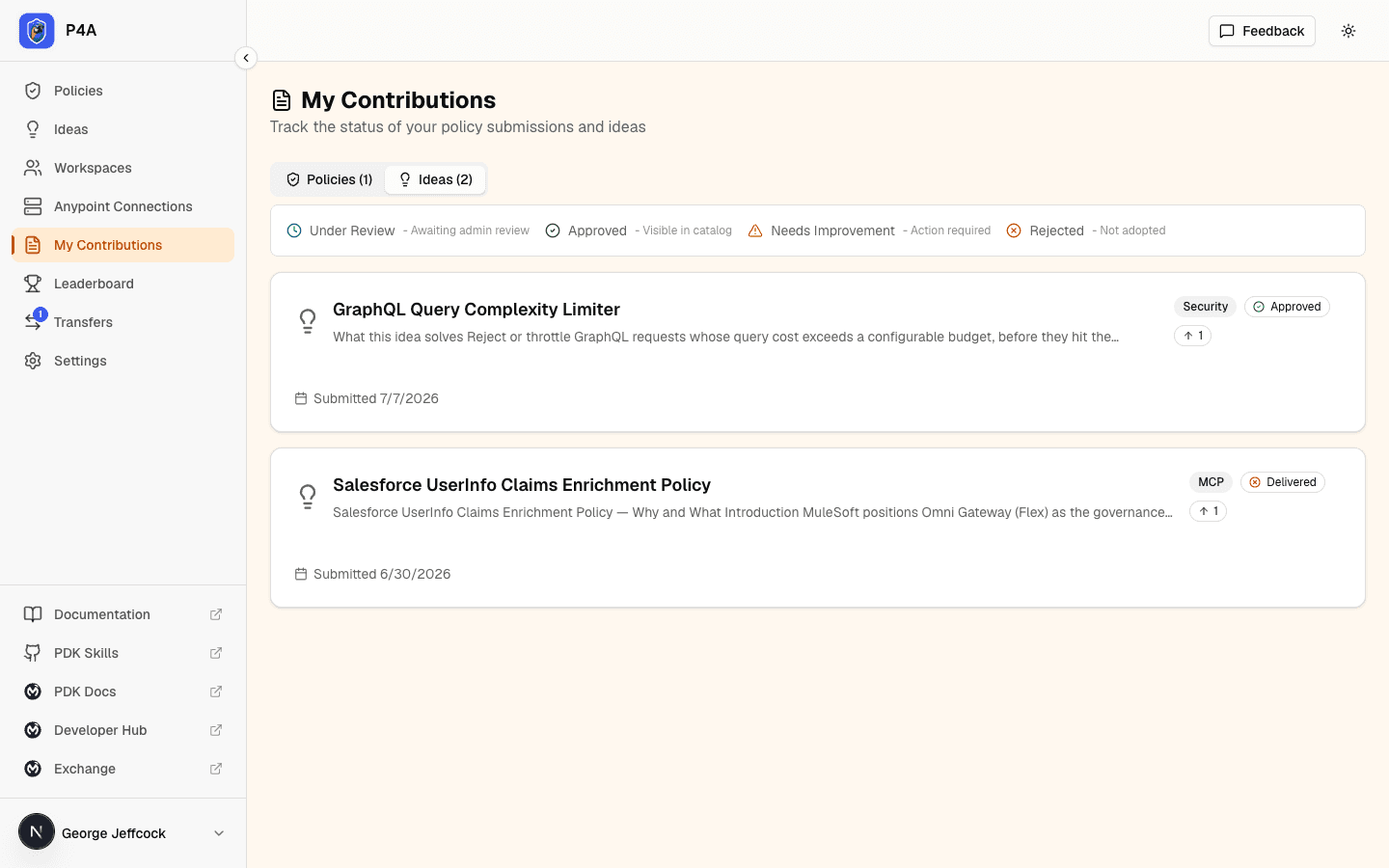 My Contributions, Ideas tab — the GraphQL Query Complexity Limiter card with the Approved badge