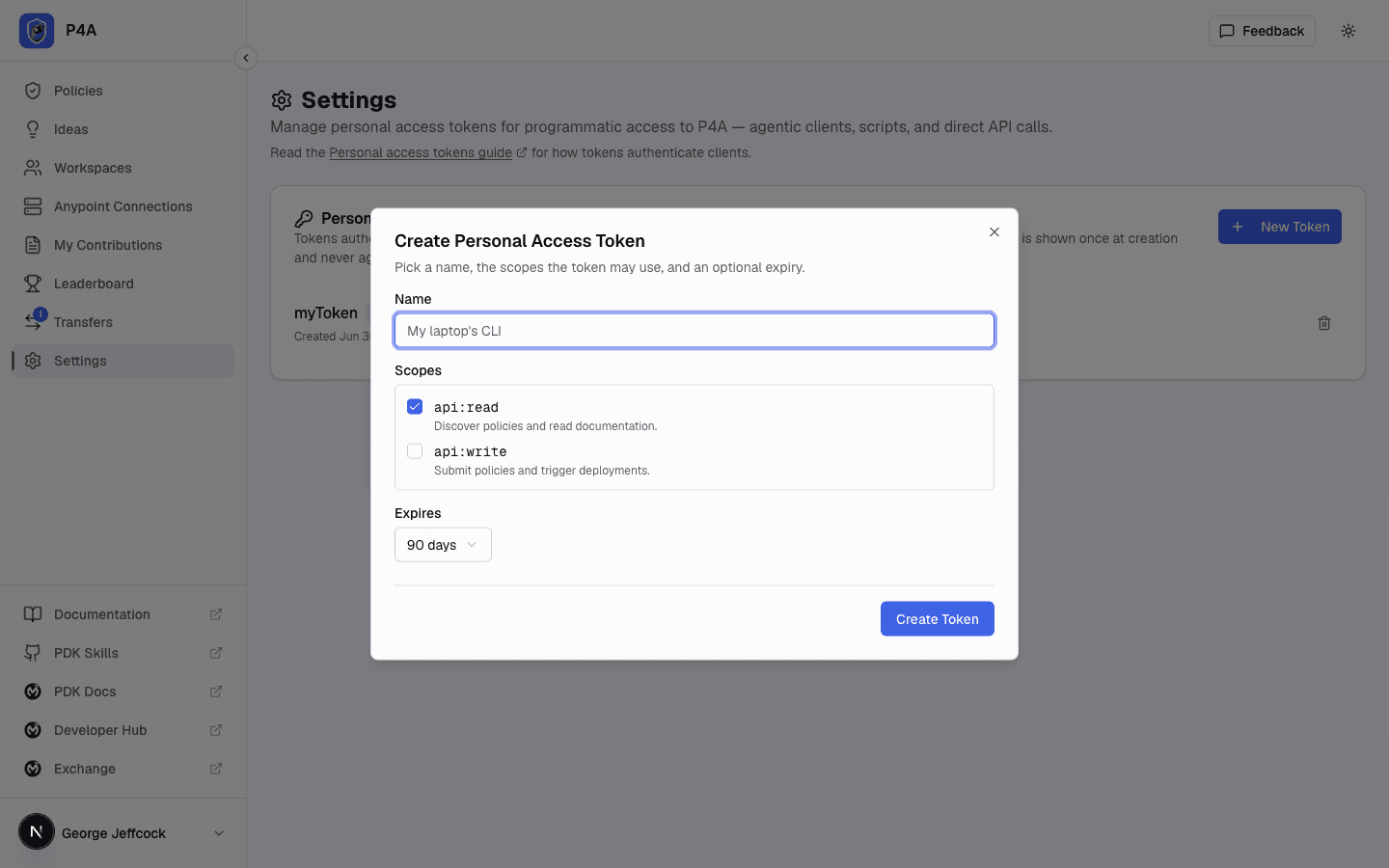 Create token dialog with a name field, scope checkboxes, and an expiry selector
