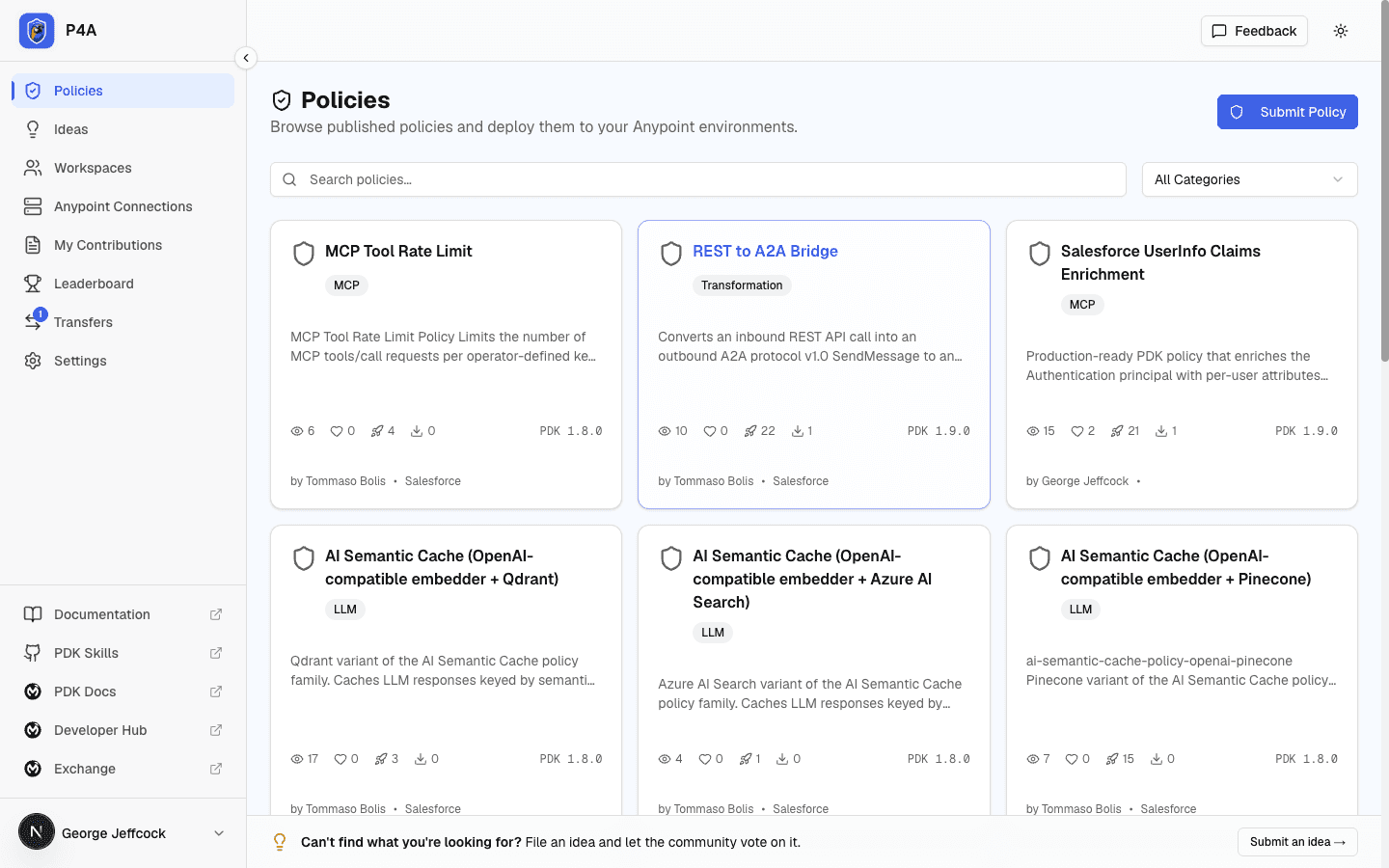 Dashboard Policies view with the renamed sidebar (Policies, Ideas, Workspaces, Anypoint Connections, My Contributions), a Submit Policy action, and the bottom-left profile button