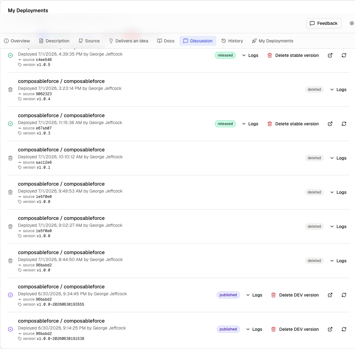 My Deployments table on the policy detail page with a published deployment entry and status filters
