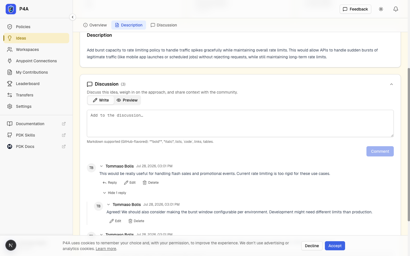 Idea discussion section showing the comment composer, comment threads with replies, and controls