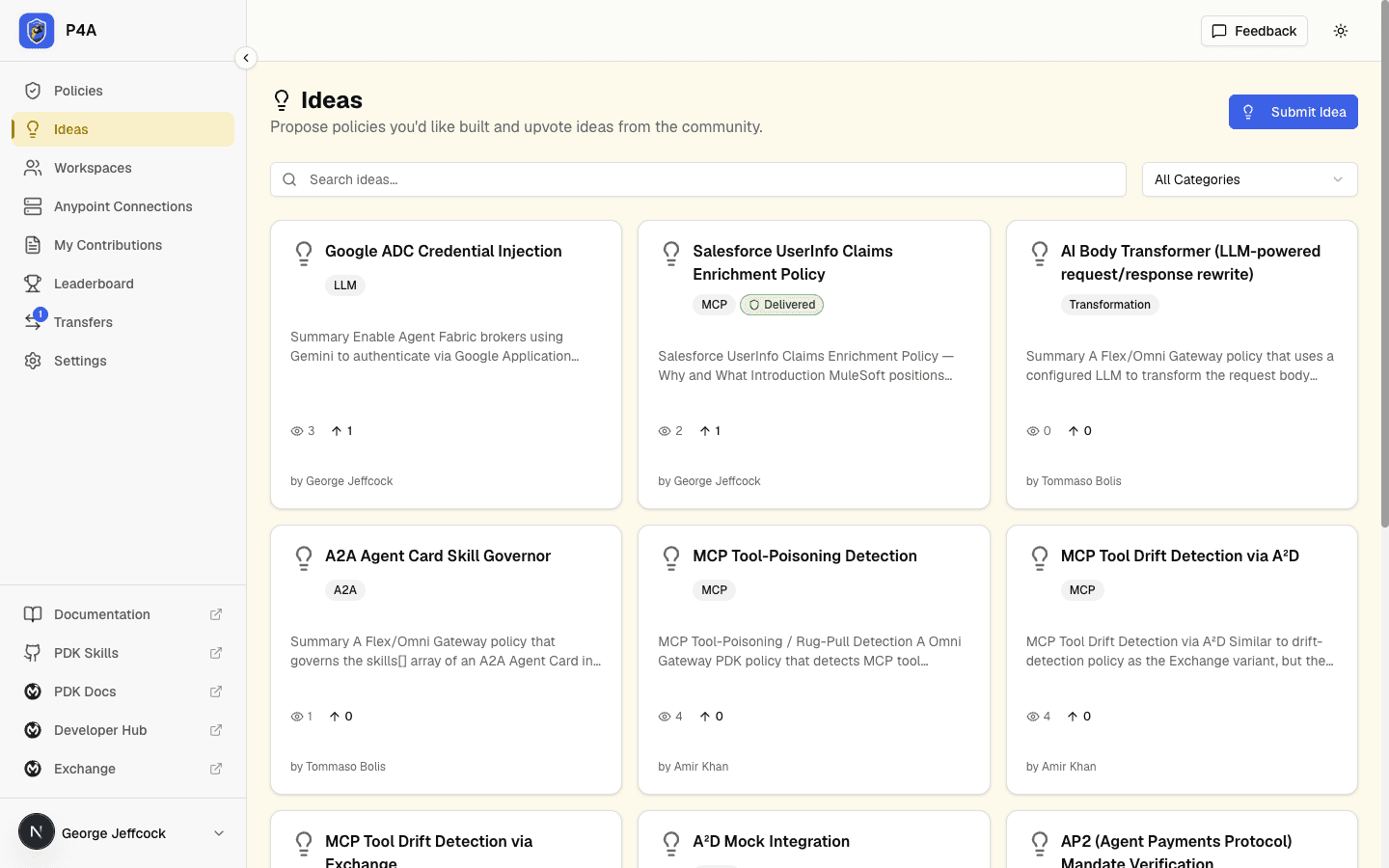 Ideas page showing a grid of community-submitted ideas with vote counts