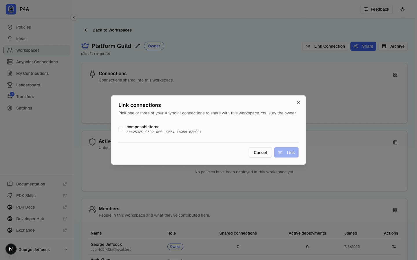 Link Connection dialog showing the picker of the workspace owner's available Anypoint connections