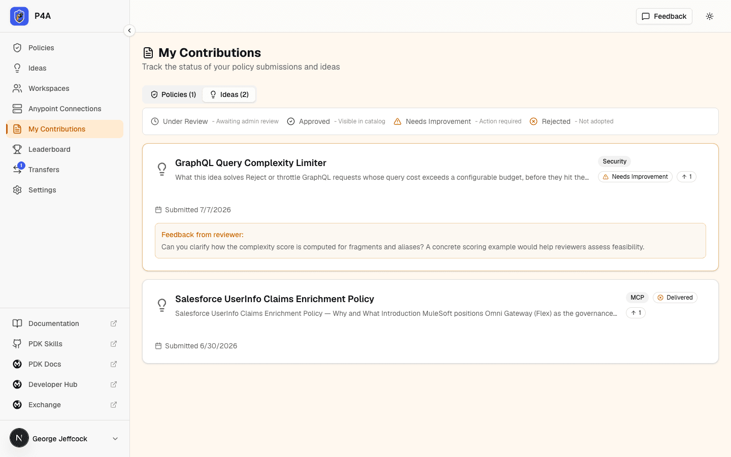 My Contributions, Ideas tab — the same GraphQL Query Complexity Limiter card now with the Needs Improvement badge and reviewer feedback