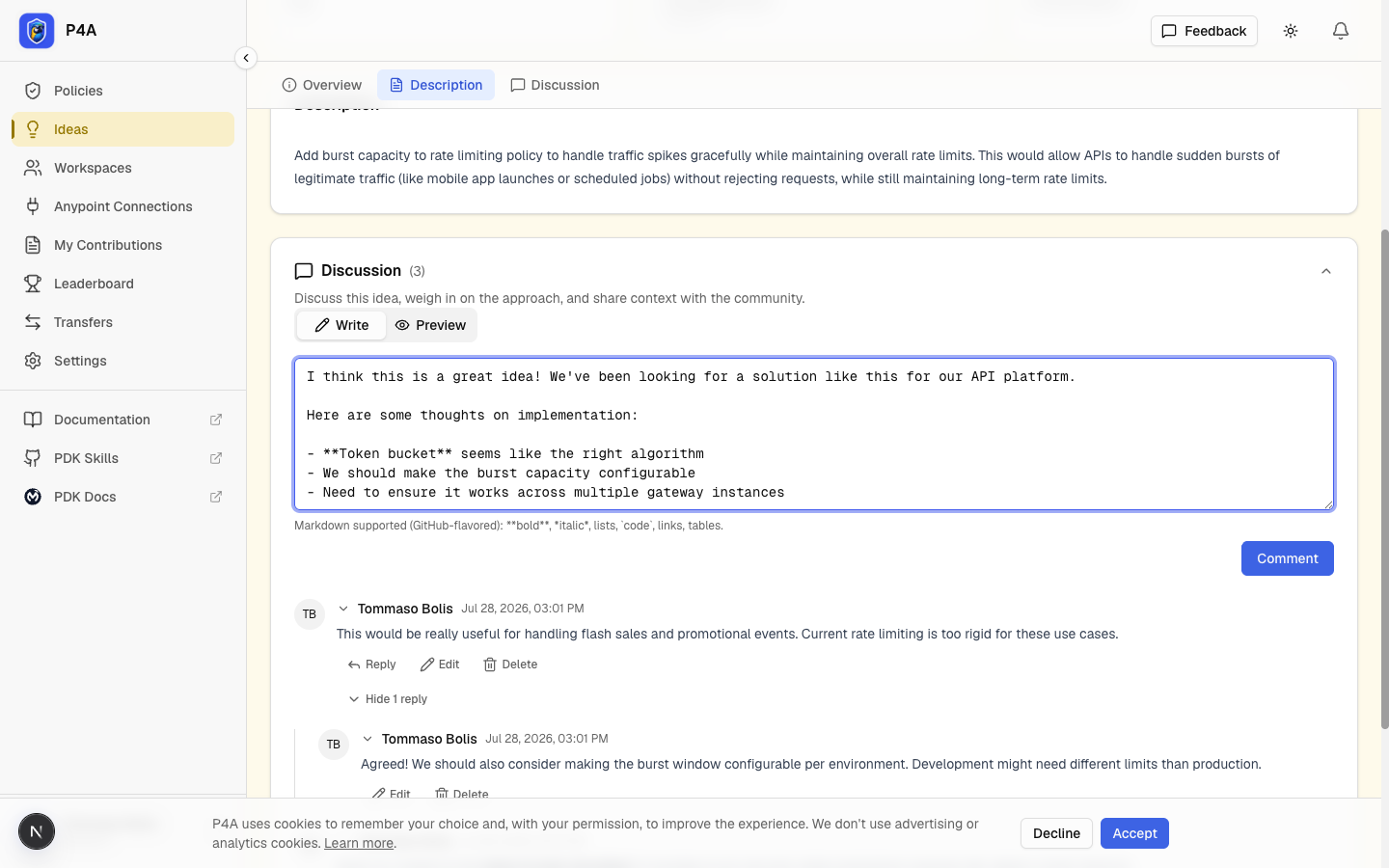 Comment composer with the Write and Preview markdown tabs and a draft comment using bold text and a bulleted list
