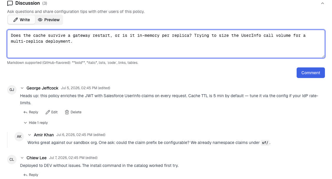 Comment composer with markdown editor showing Write and Preview tabs