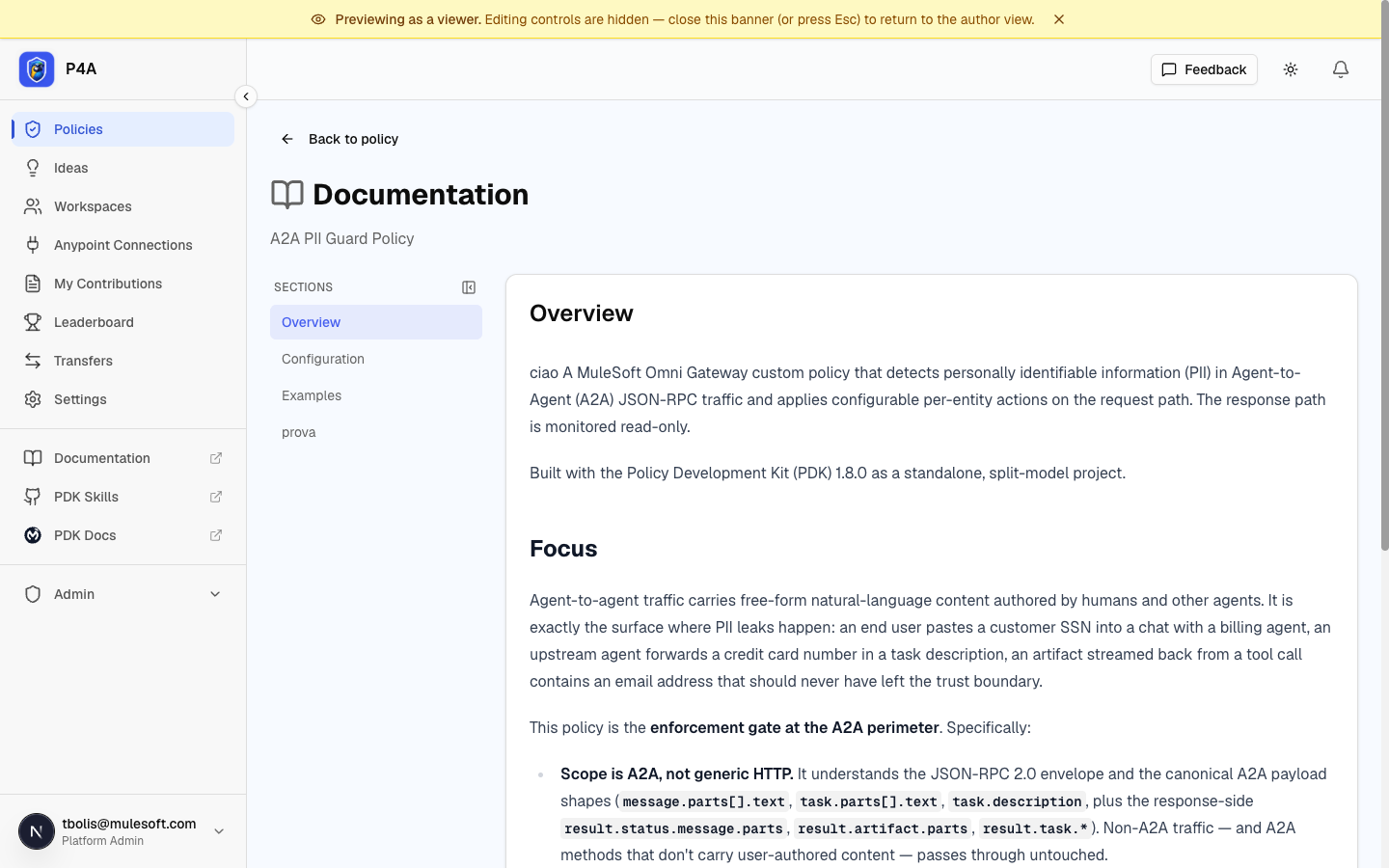 Documentation page in preview mode with the "Previewing as a viewer" banner across the top