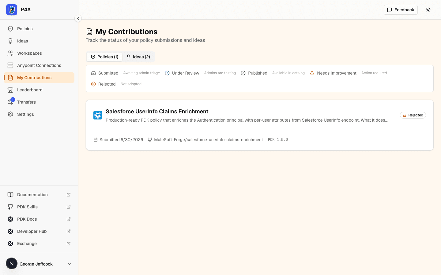 My Contributions page showing a rejected submission with the rejection reason