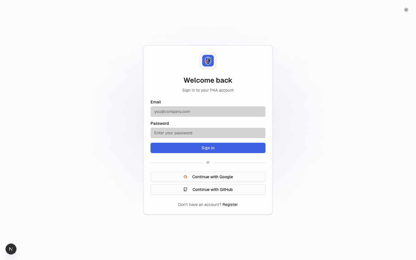 P4A sign-in screen with email and password fields plus Continue with Google and Continue with GitHub buttons