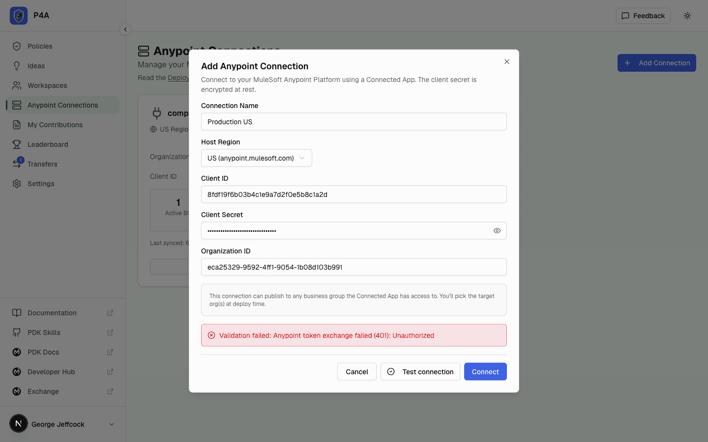 Add Anypoint Connection form with a red Test connection error banner