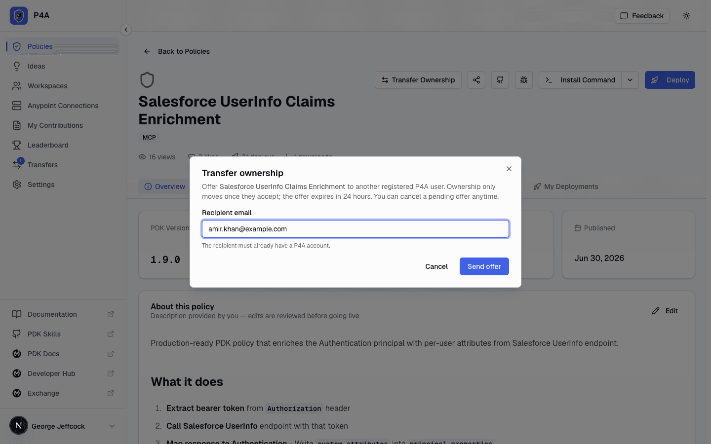 Transfer Ownership dialog with the recipient email field