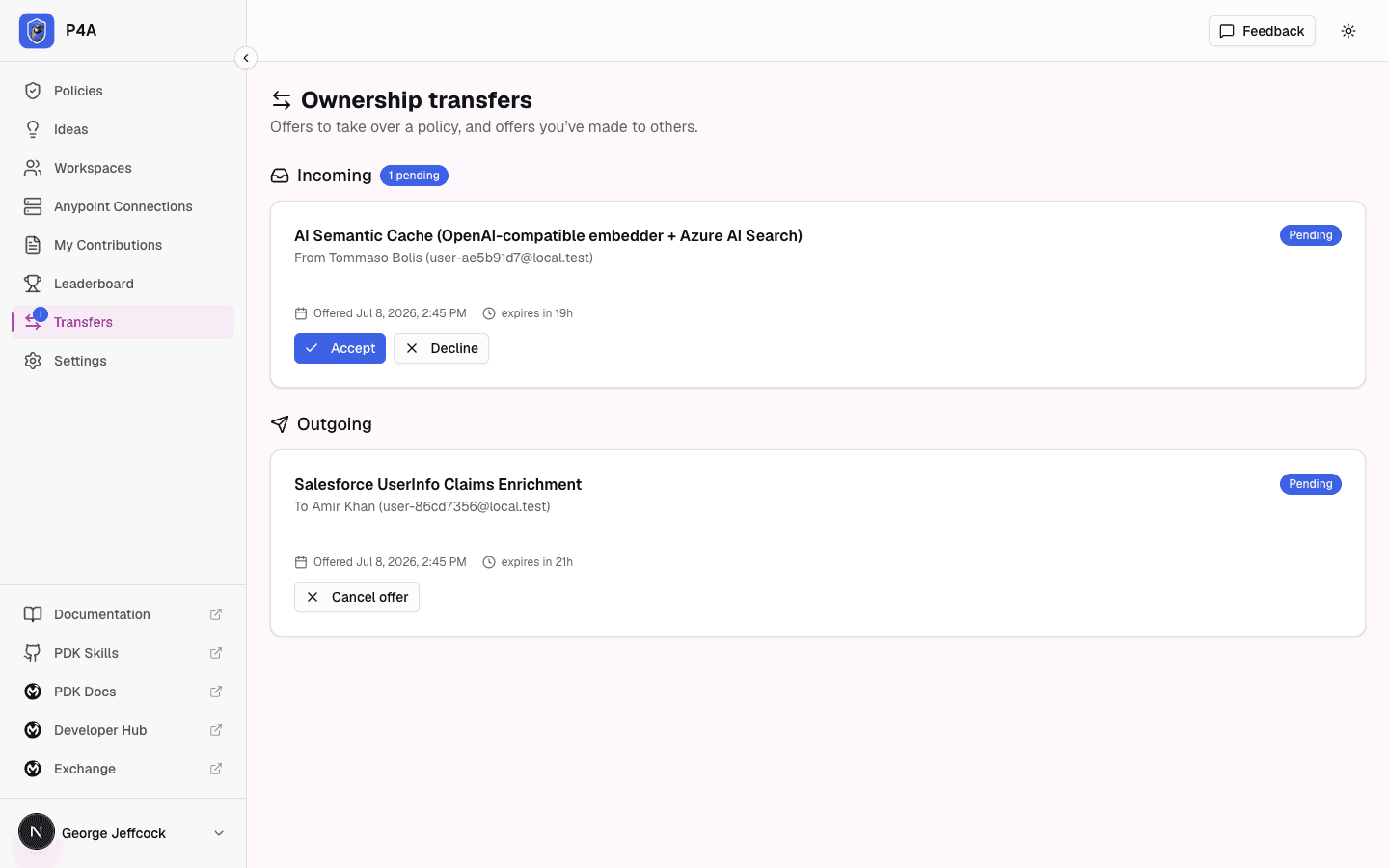 Transfers page Outgoing section listing an offer the signed-in user has made, with its status