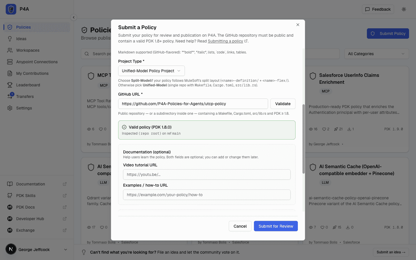 Submission form showing a green "Valid policy (PDK 1.8.0)" confirmation
